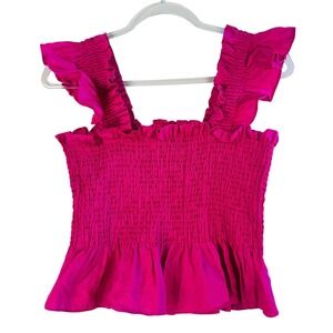 Hill House Home 100% Linen Smocked Ruffle Peplum Top M Hot Pink Fuchsia Coquette